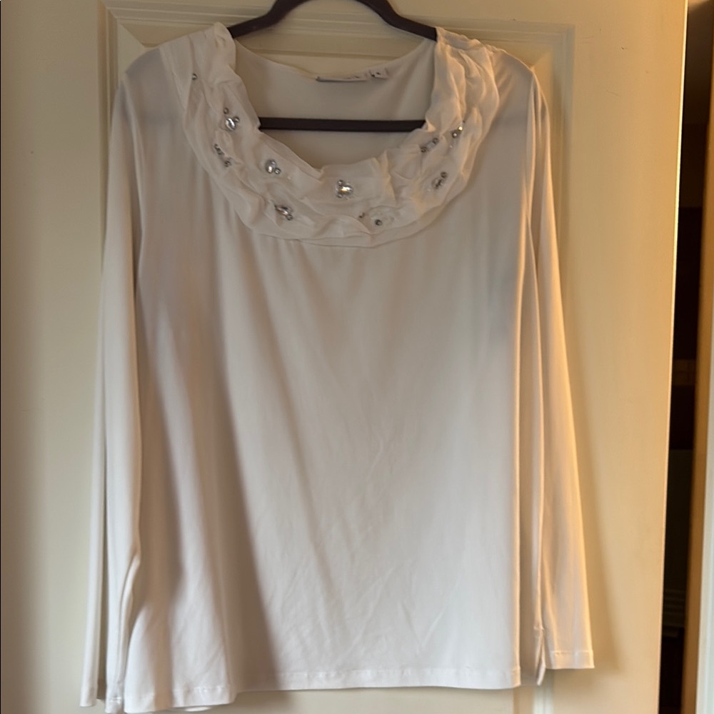 Susan Graver Cream Embellished Bib Collar Blouse